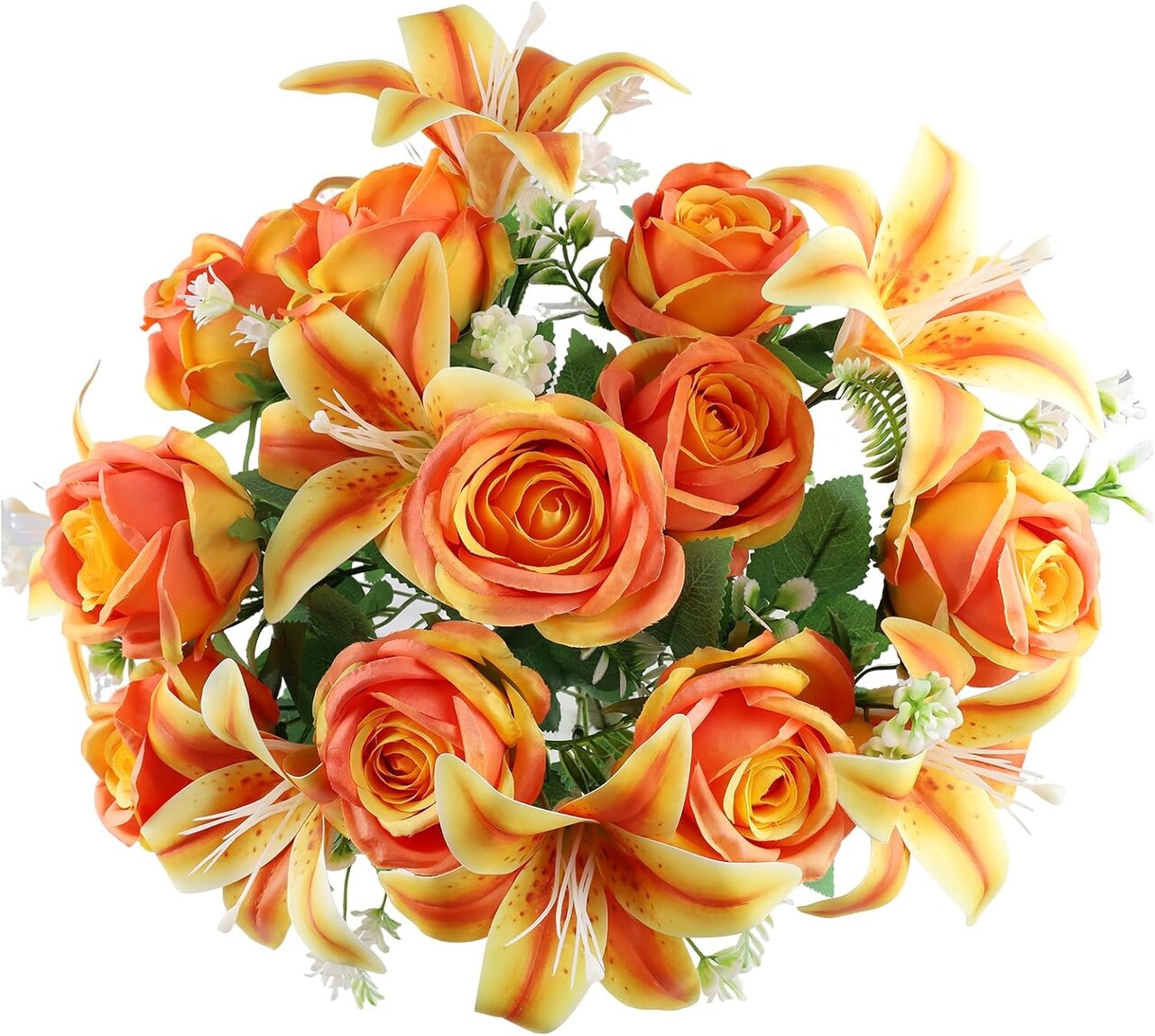 2 Sets Artificial Cemetery Flowers with Vases – Mixed Lilies & Roses (Orange & Yellow), 2 Grave Vases with Foam for Outdoor Headstones, Gravesites, and Memorial Decorations